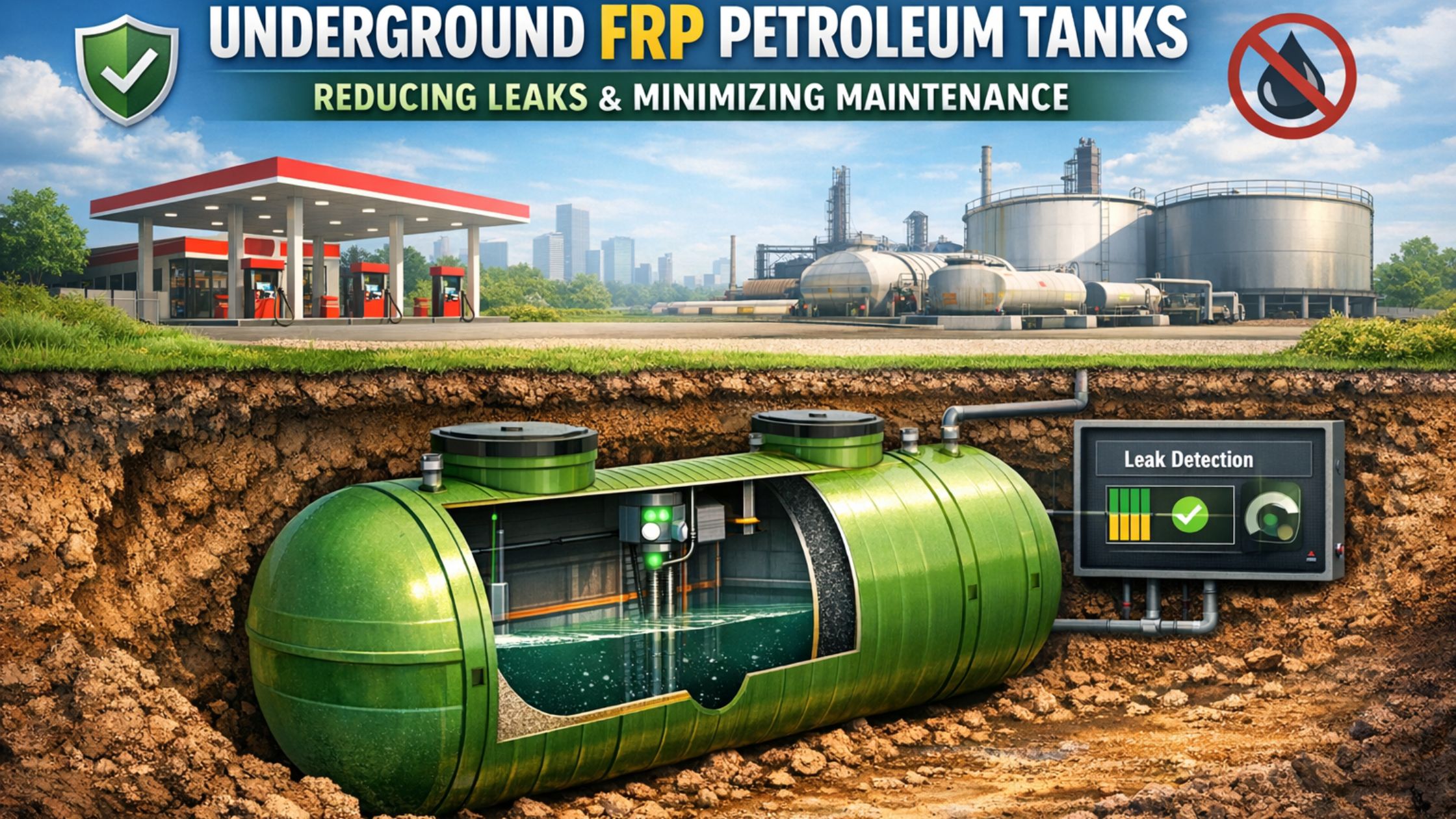 Cutaway view of underground FRP petroleum tanks showing double-wall design and leak detection system for safe fuel storage
