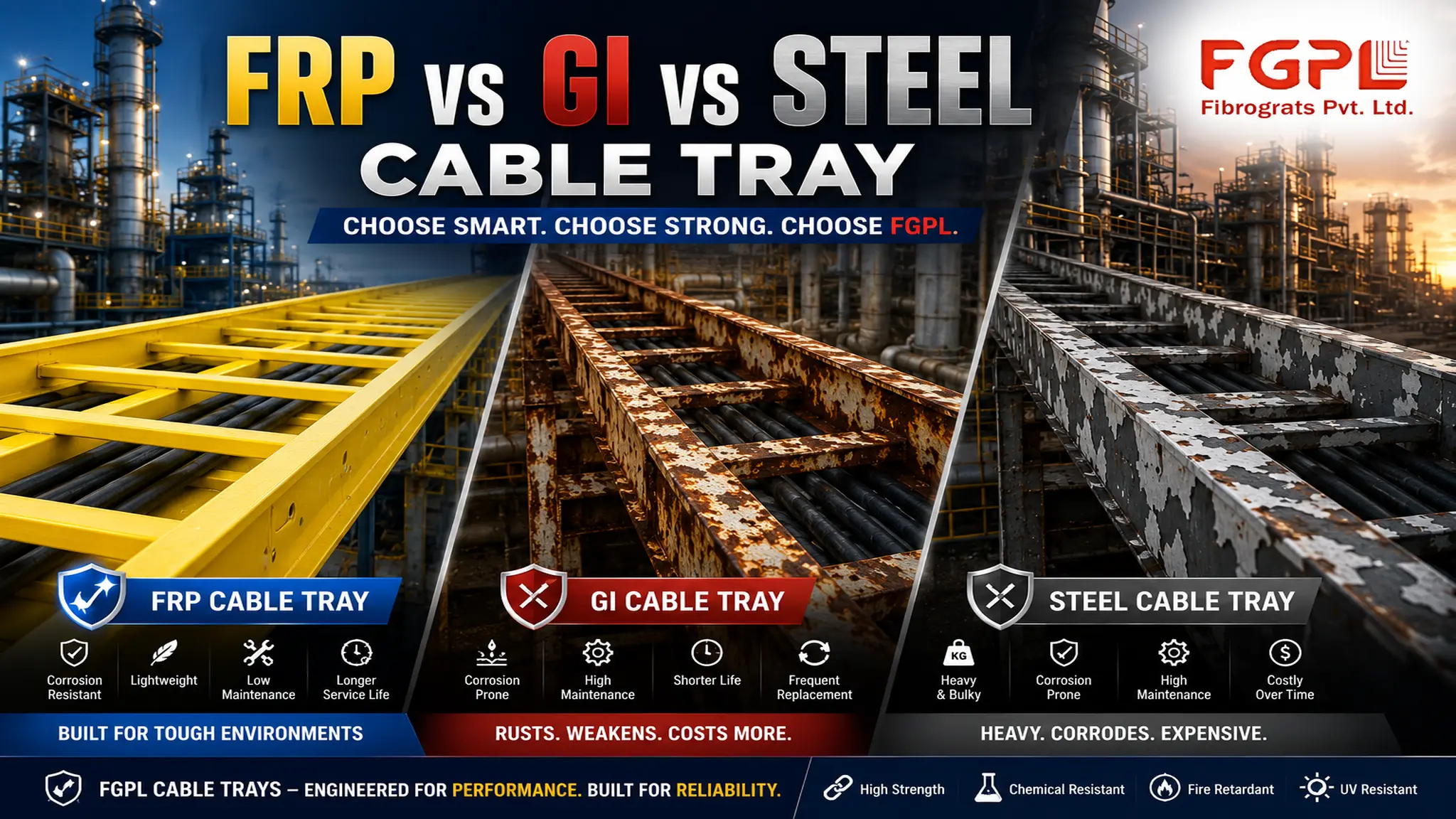 FRP vs GI vs Steel Cable Tray